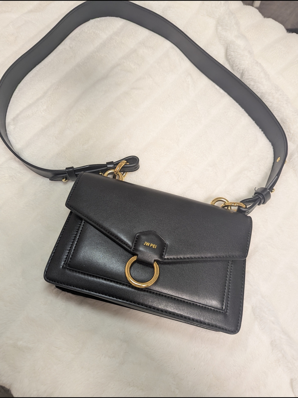 JW PEI Black Vegan Leather Crossbody Bag with Gold Ring